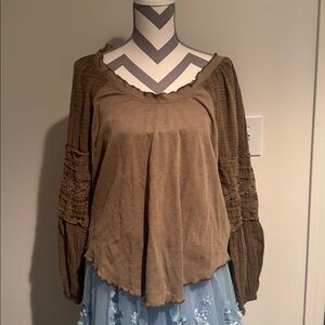 Free People Tan Blouse with Textured Sleeves